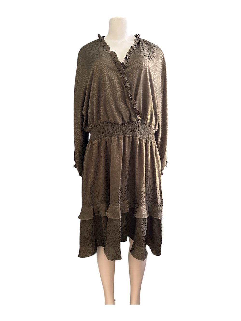 Emma & Michele Olive Dress with Ruffle Wrap Long Sleeve Midi Plus Size 2X